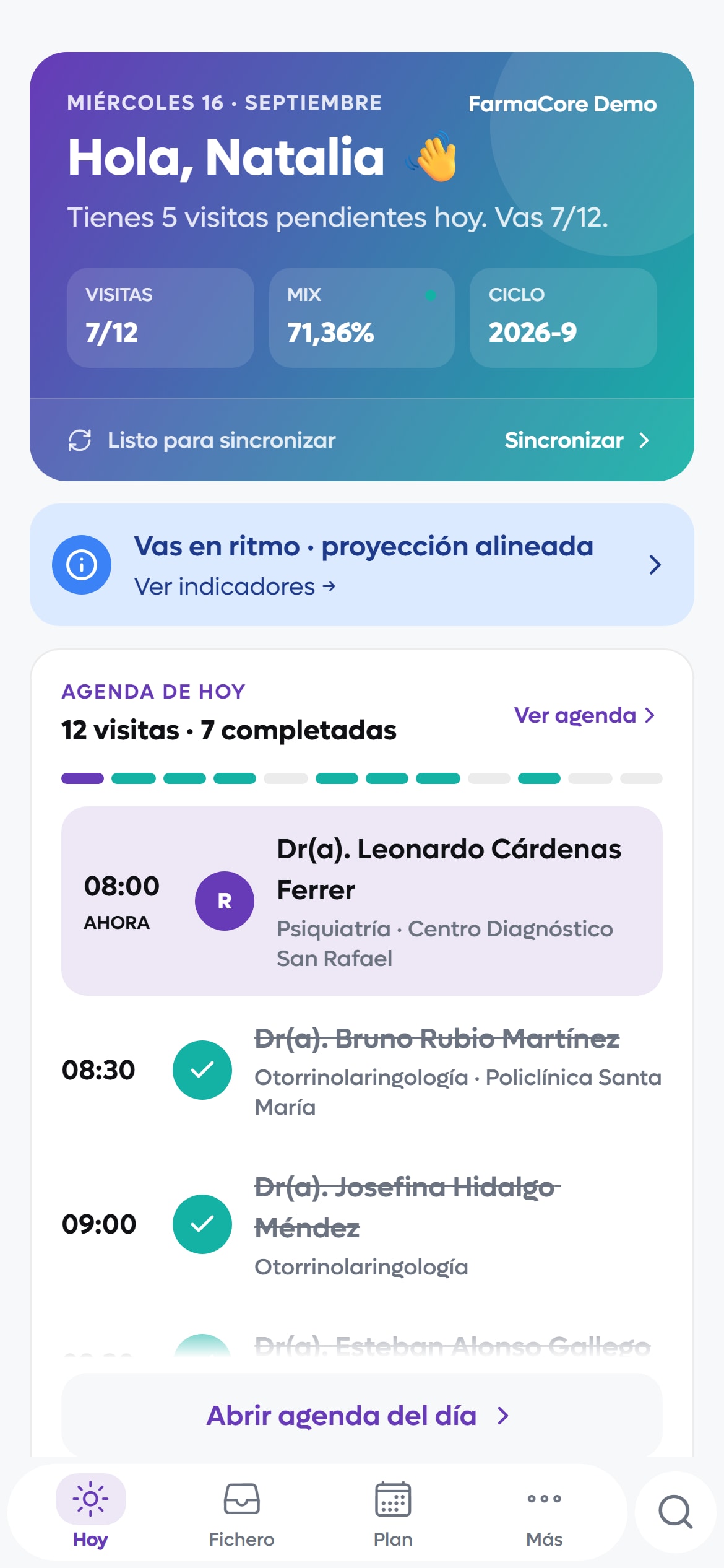 Pantalla Hoy de la app móvil con las visitas del día, el avance del ciclo y la agenda con las visitas ya completadas